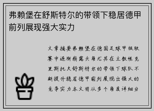弗赖堡在舒斯特尔的带领下稳居德甲前列展现强大实力